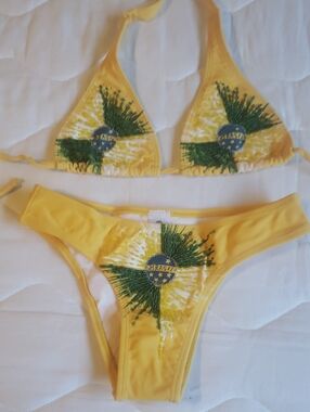 Yellow Brasil Graphic Triangle Bikini Set